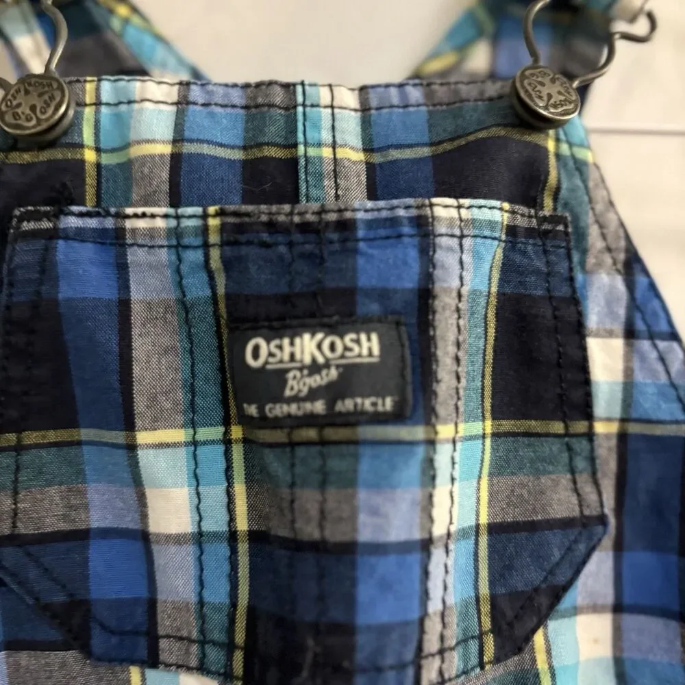 OshKosh B'gosh Boys Blue Plaid Cotton Woven Sleeveless Button Overalls 9-12M